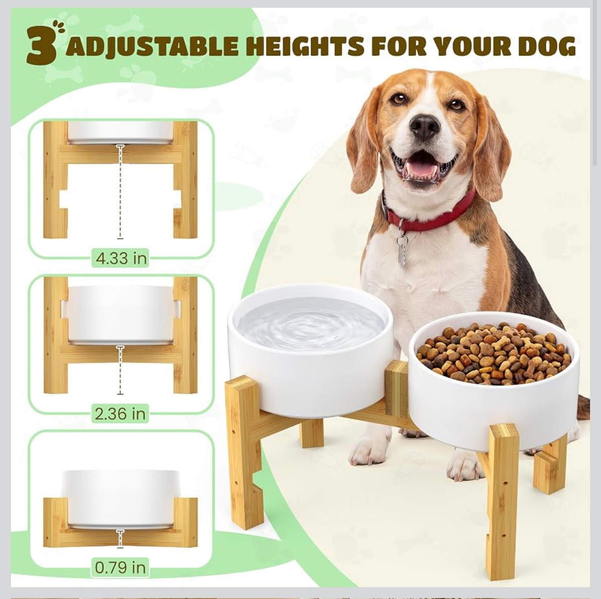 Elevated Ceramic Dog Bowl Set Bamboo Stand 44oz Adjustable Height 2pc