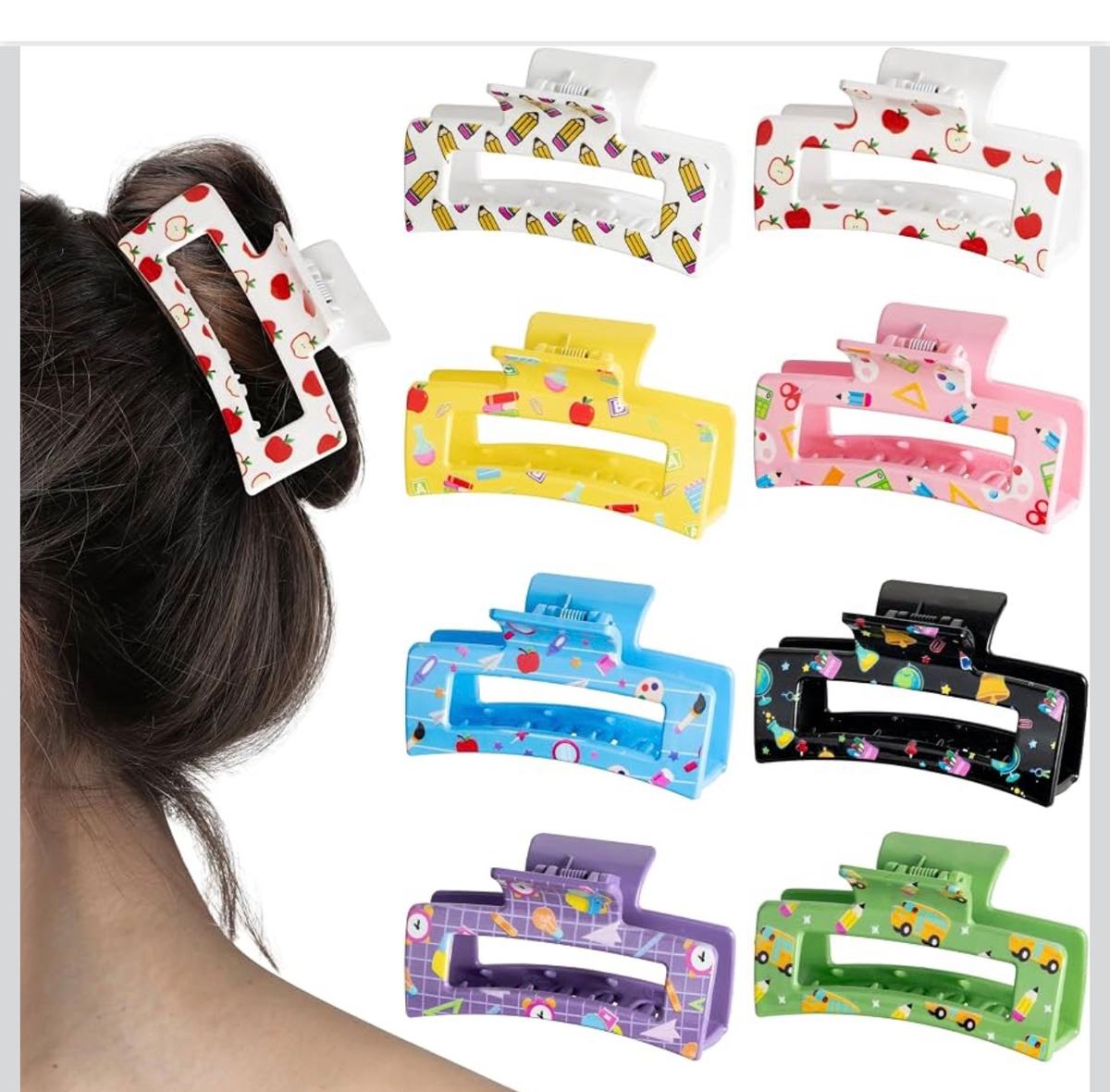 Hair Claw Clips 8 Pack School Teacher Print Large Clips Thick Hair
