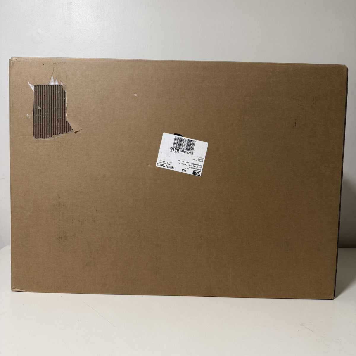 HP 27-cr0054 all-in-one carton, back panel with torn patch in the outer paper