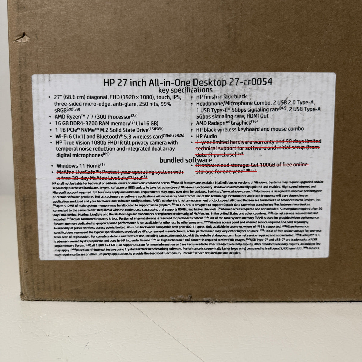 HP 27 inch All-in-One Desktop 27-cr0054 key specifications label on the carton