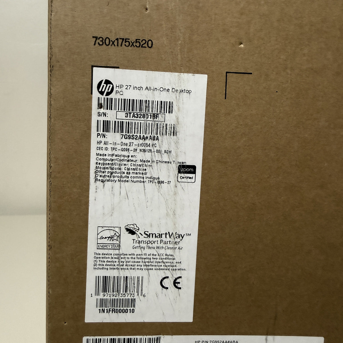 HP carton label showing serial 3TA32801BF, part number 7G9S2AA#ABA and carton size 730x175x520