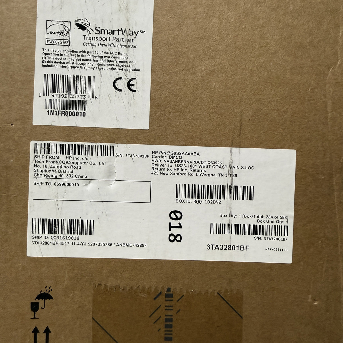 HP carton shipping label and UPC barcode 197192357736
