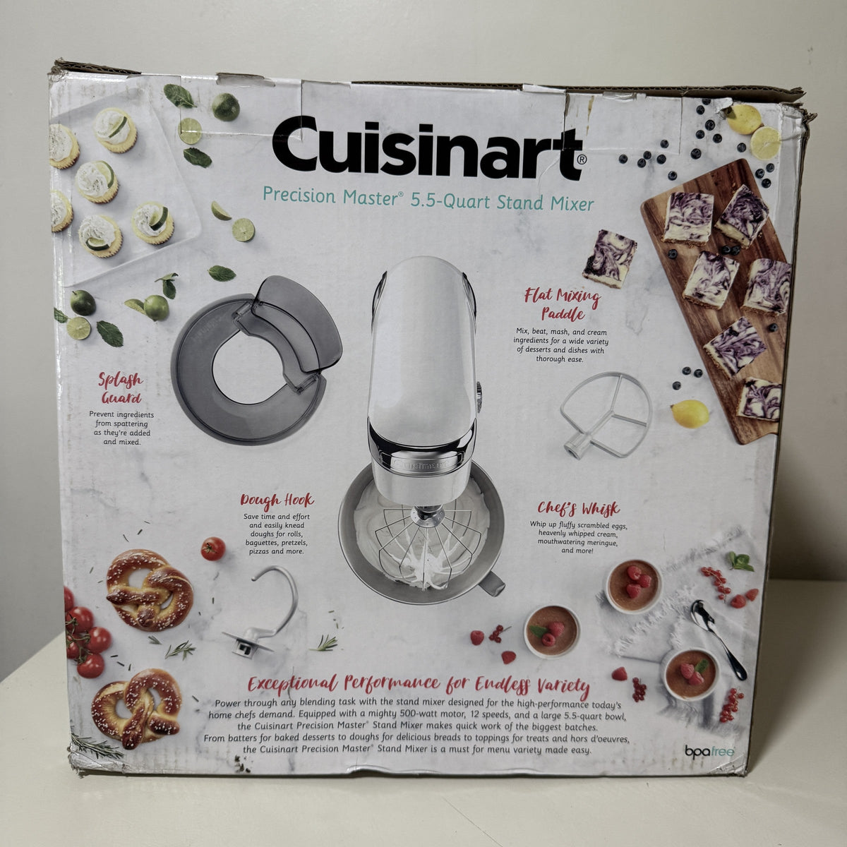 Cuisinart SM-50 stand mixer box side panel showing included attachments