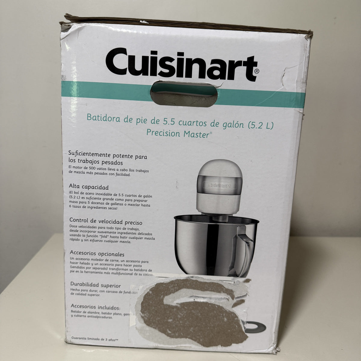 Cuisinart SM-50 stand mixer box, Spanish-language specification panel