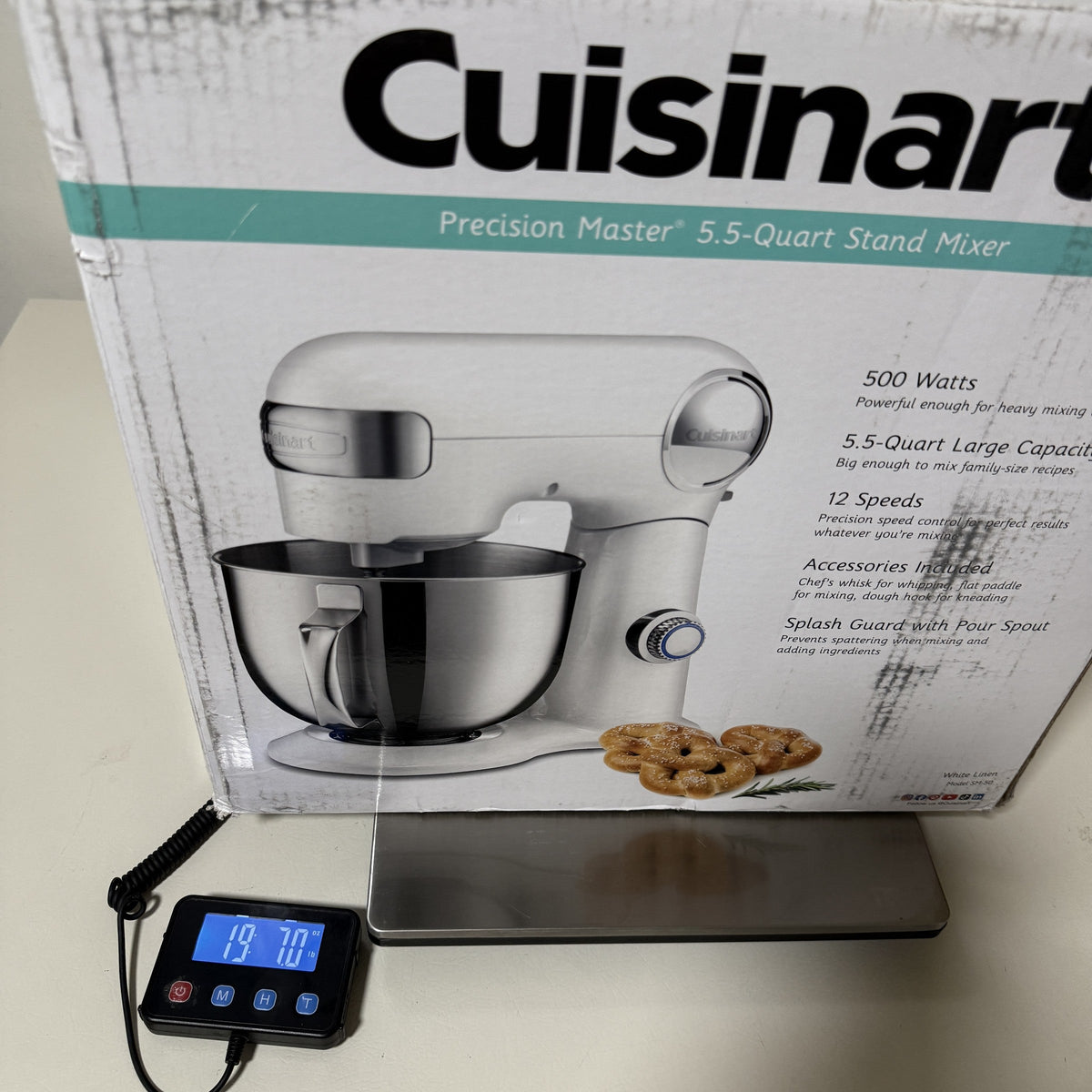 Cuisinart SM-50 box on a scale, front panel facing out