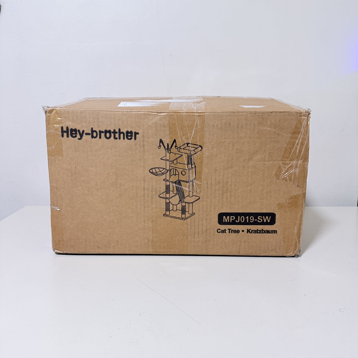Hey-brother cat tree carton, opposite side with product diagram