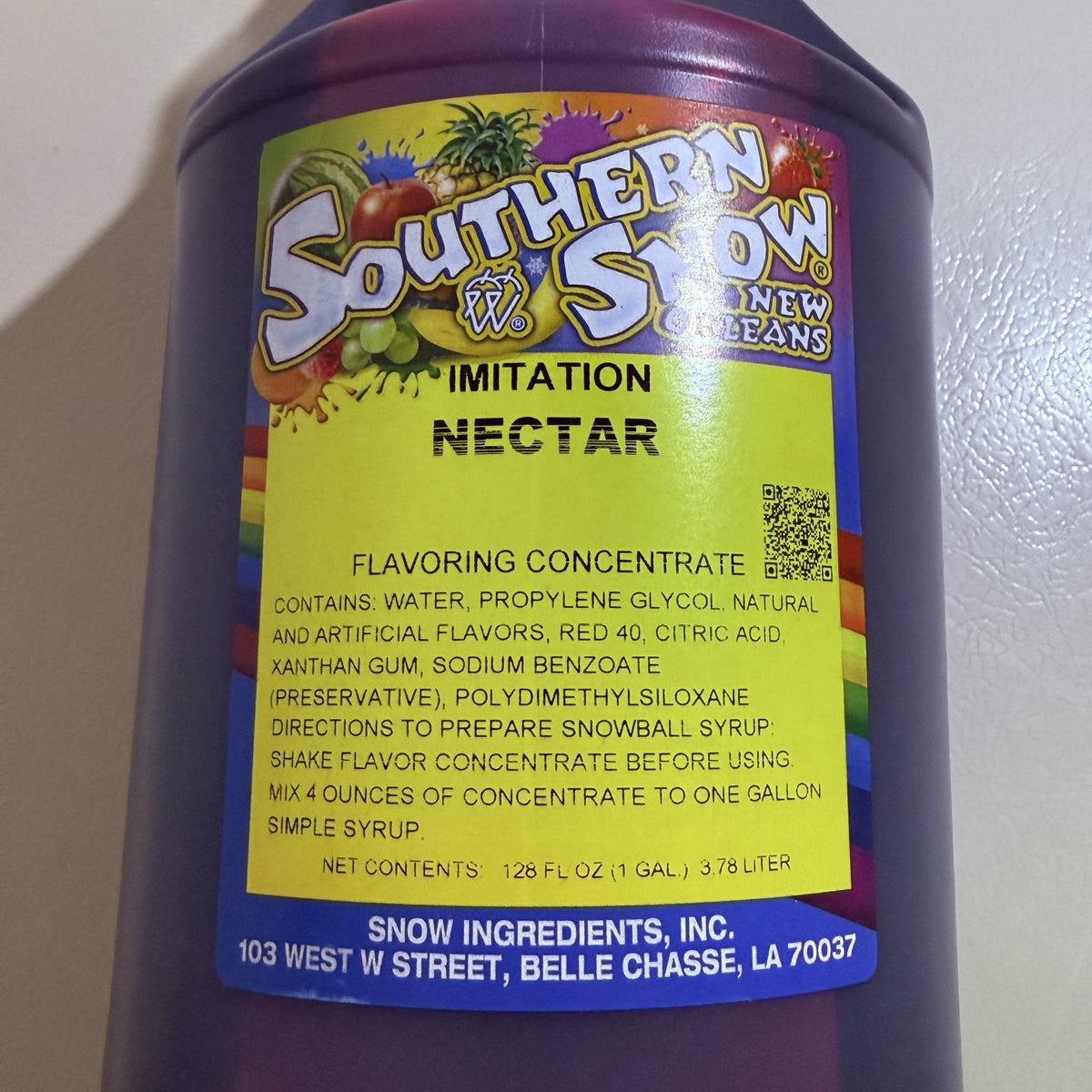Southern Snow Imitation Nectar label showing ingredients, directions and 128 fl oz net contents