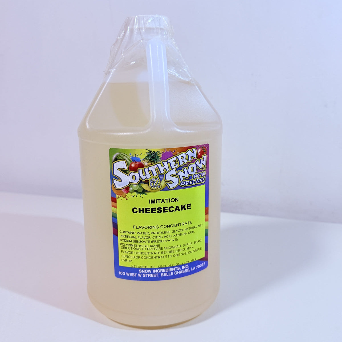 Southern Snow Imitation Cheesecake snowball flavoring concentrate, one gallon jug