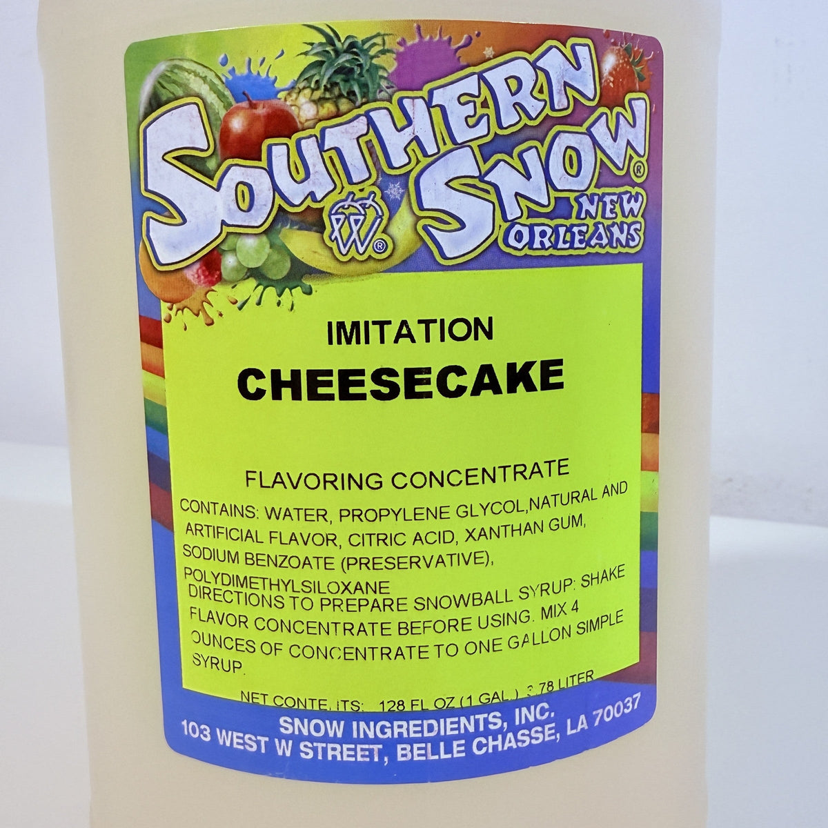 Southern Snow Imitation Cheesecake label showing ingredients, directions and 128 fl oz net contents
