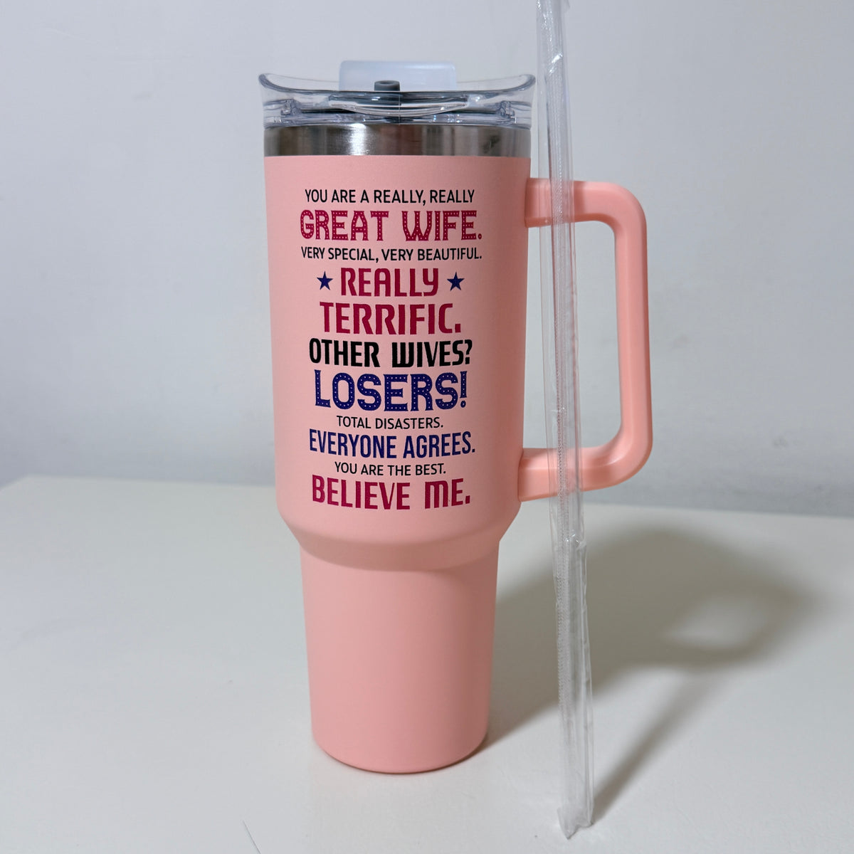 Best Wife Ever 40 oz Insulated Tumbler with Handle and Straw, Pink - view 2 of 11