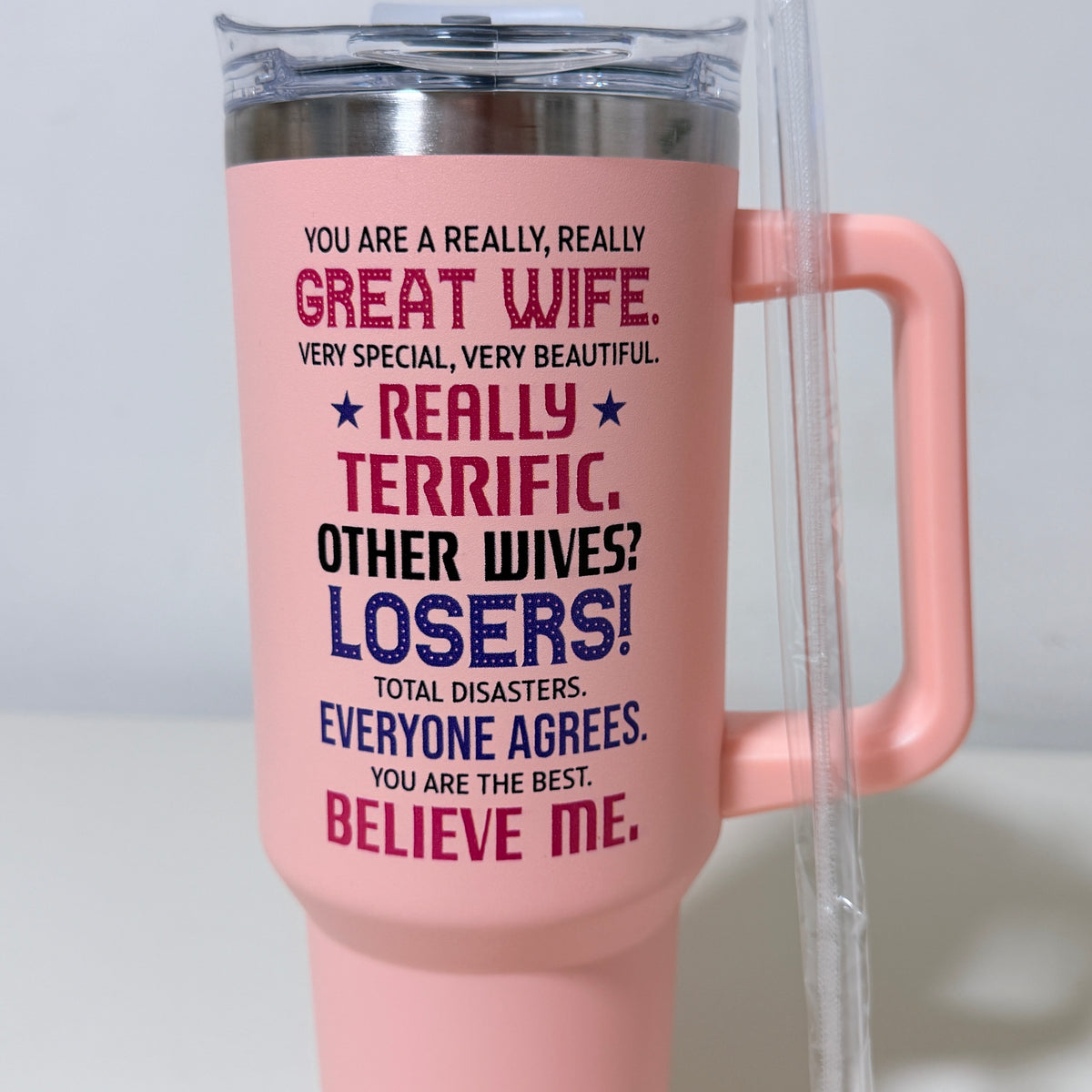 Best Wife Ever 40 oz Insulated Tumbler with Handle and Straw, Pink - view 3 of 11