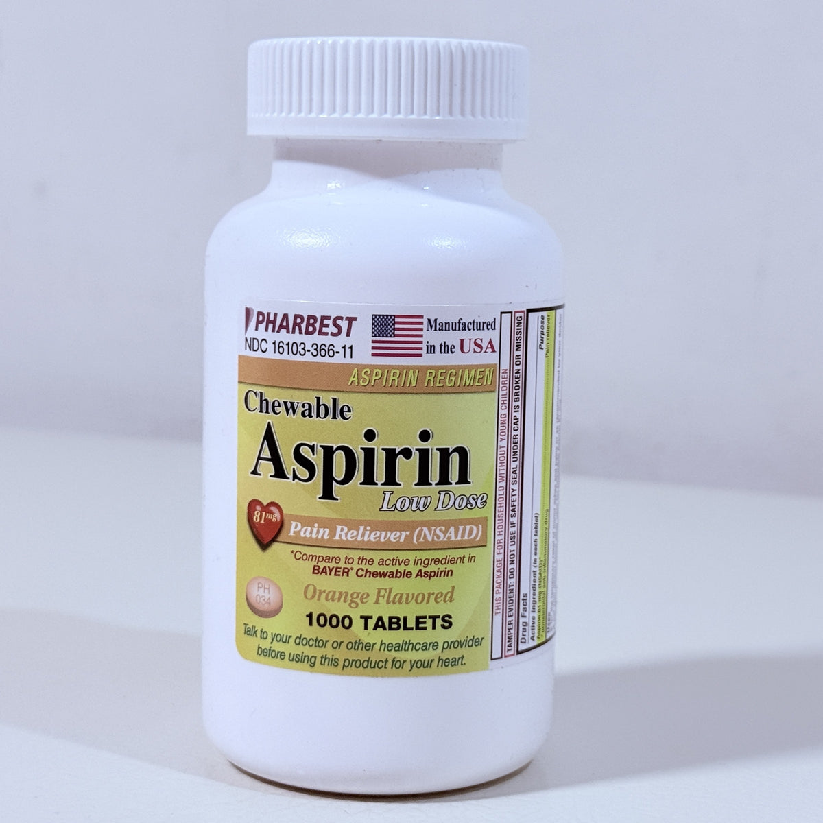 Chewable Low Dose Aspirin 81 mg, Orange, 1000 Tablets, Exp 12/2028 - view 1 of 6
