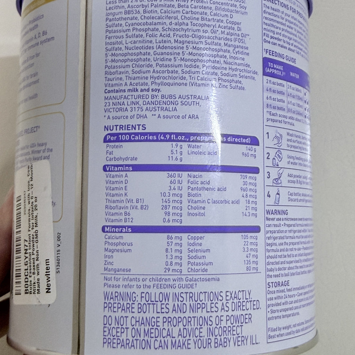 Bubs Essential Infant Formula with Iron, Cow Milk, 20 oz, BB 08/2027 - view 5 of 8