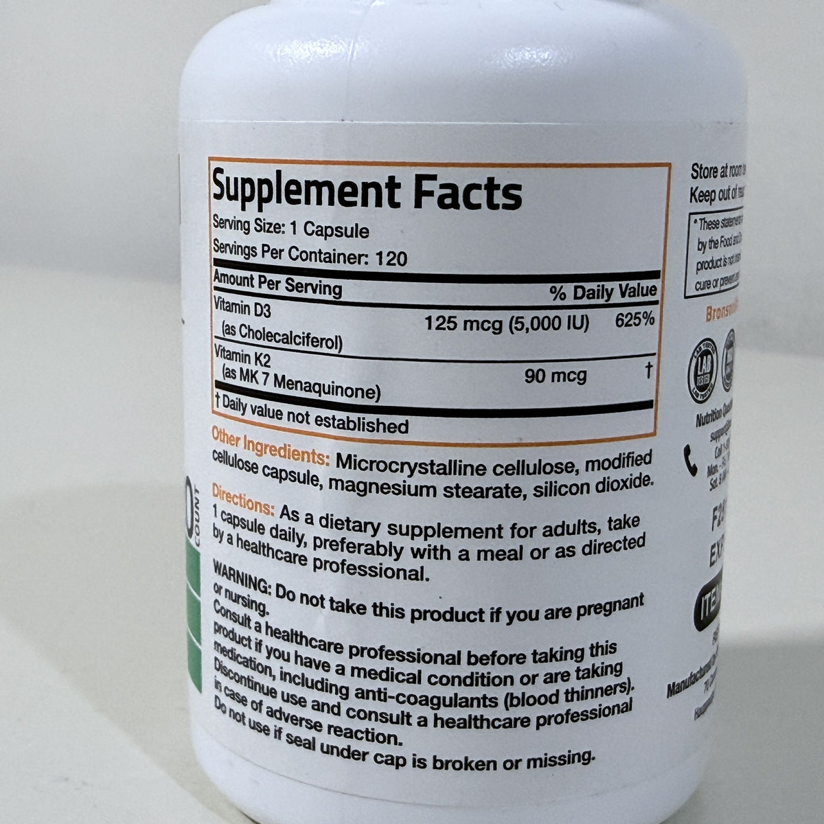 Bronson Vitamin K2 + D3 5000 IU, MK-7, 120 Capsules, Exp 12/2027 - view 2 of 4