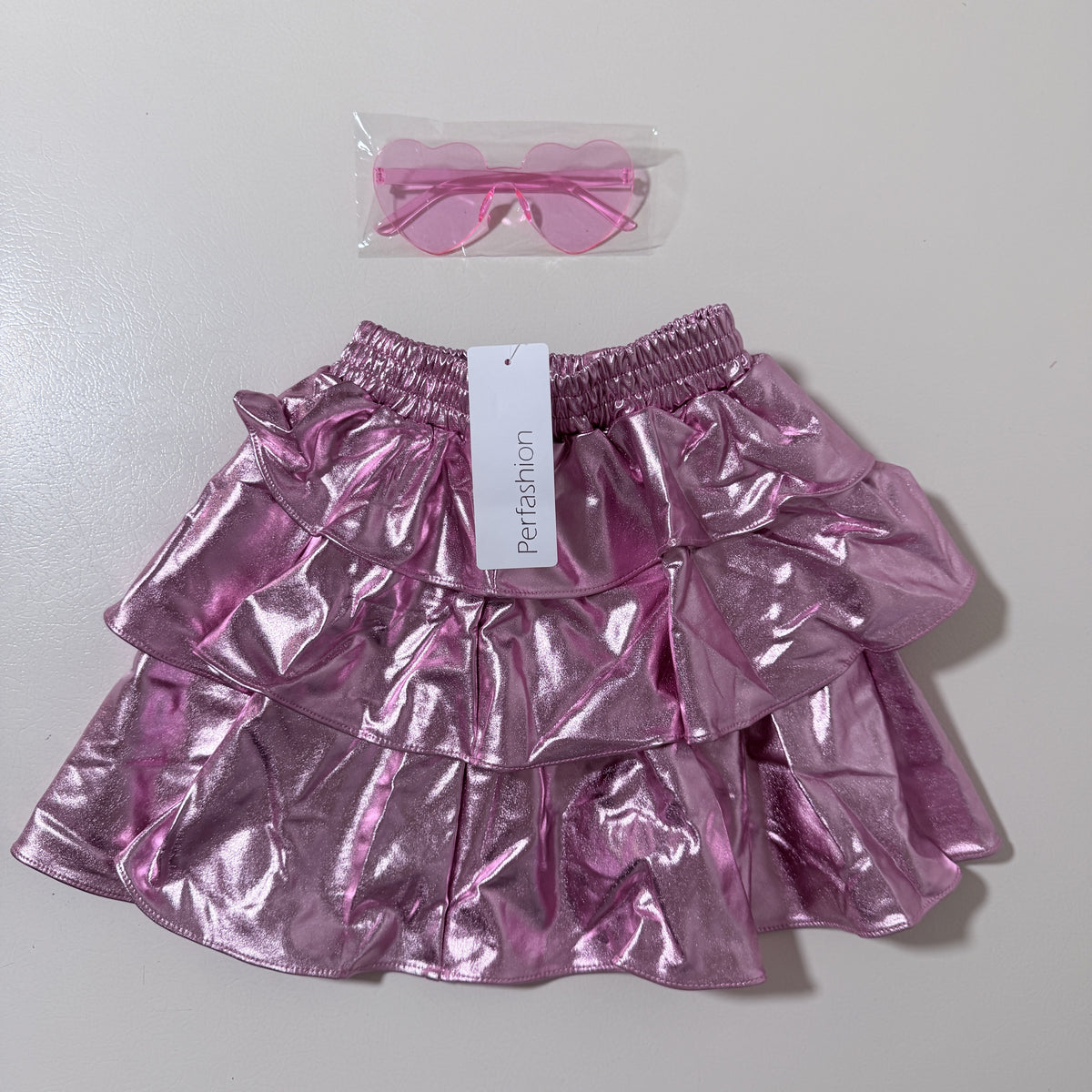 Girls Metallic Pink Ruffle Skirt with Heart Sunglasses, Size 130 - view 1 of 5