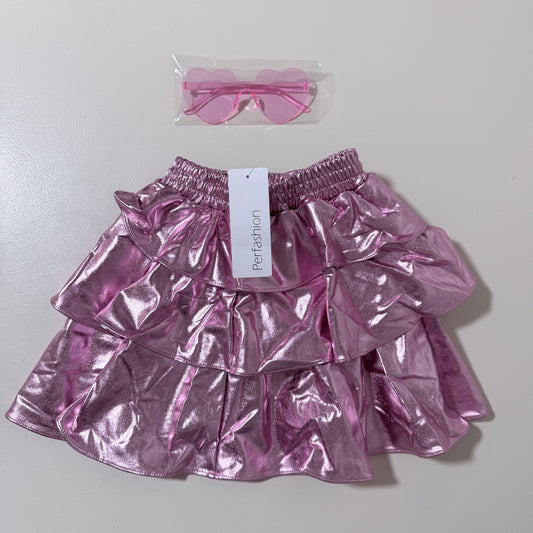 Girls Metallic Pink Ruffle Skirt with Heart Sunglasses, Size 130 - view 1 of 5
