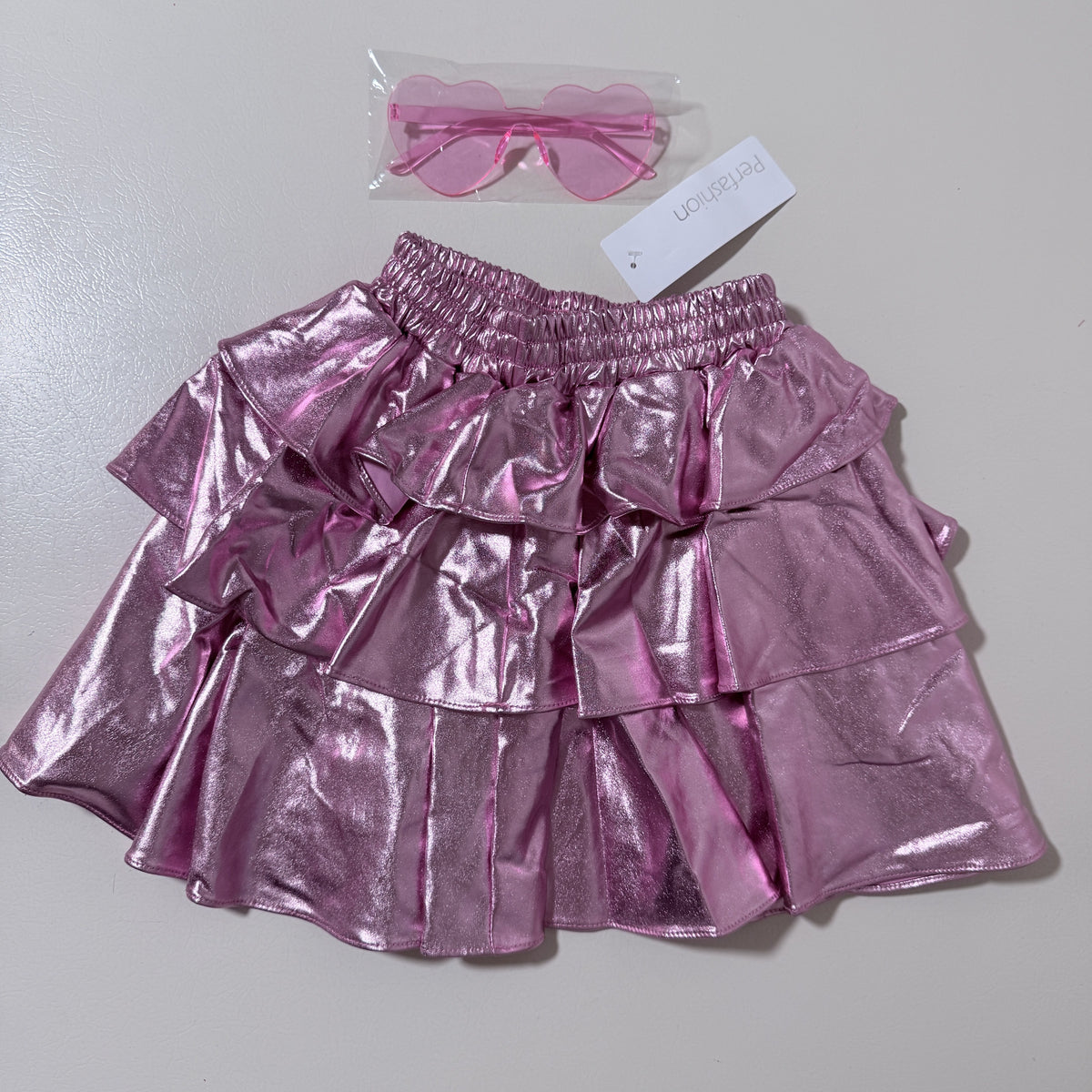 Girls Metallic Pink Ruffle Skirt with Heart Sunglasses, Size 130 - view 2 of 5