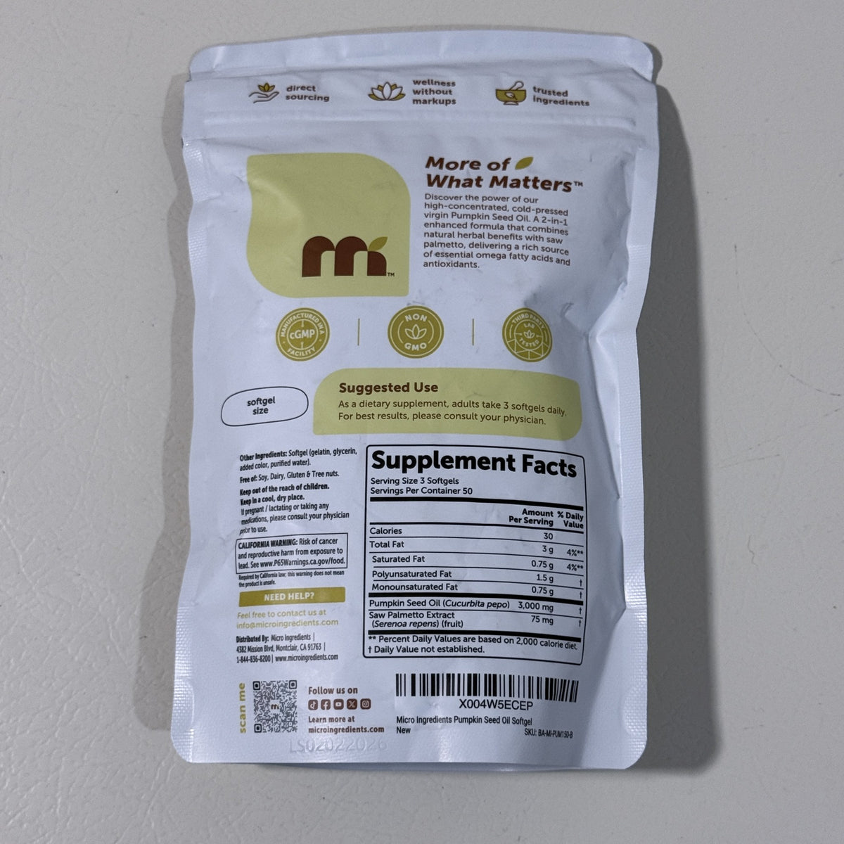 Micro Ingredients Pumpkin Seed Oil, 150 Softgels, Exp 04/2028 - view 3 of 3