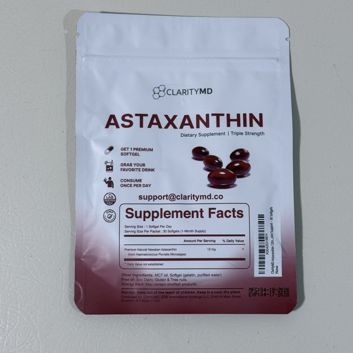 ClarityMD Astaxanthin 12 mg, 30 Softgels, Exp 04/2028 - view 2 of 3