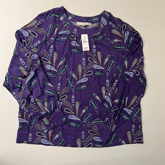LOFT purple paisley raglan blouse laid flat, front view with tags attached