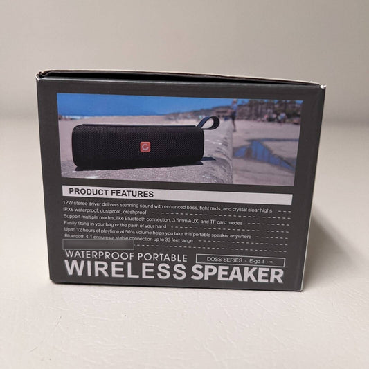 DOSS E-go II portable Bluetooth speaker retail box: waterproof wireless speaker, up to 12 hours of playtime, Bluetooth 4.1, 33-foot range