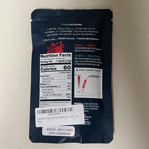 Transcend 15g Glucose Gel - Strawberry 1 pack of 3 squeeze packs  1.1oz (31g) EXPIRED