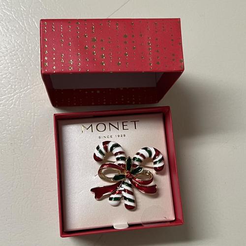 Monet Jewelry Christmas Candy Cane Multi Color Glass Pin