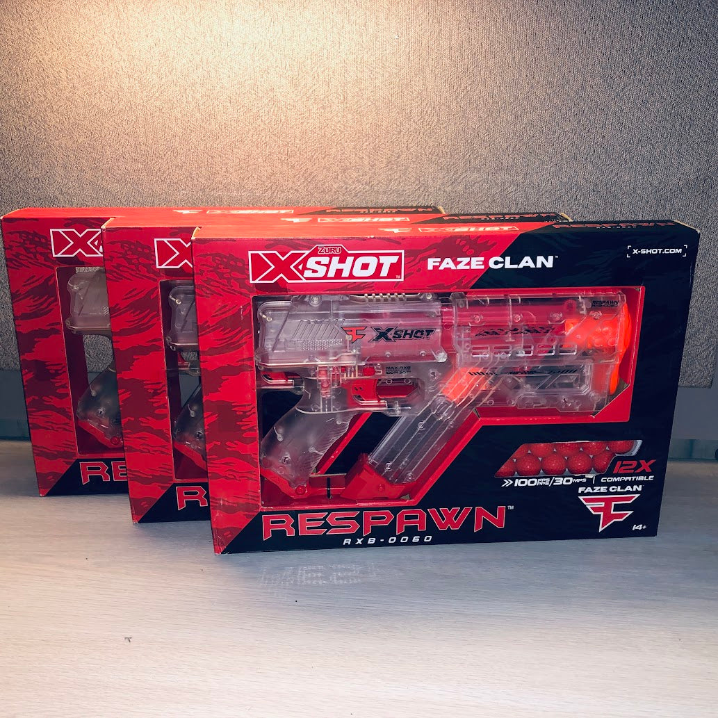 X-Shot Respawn toy gun in packaging with 'Faze Clan' branding on a gray background