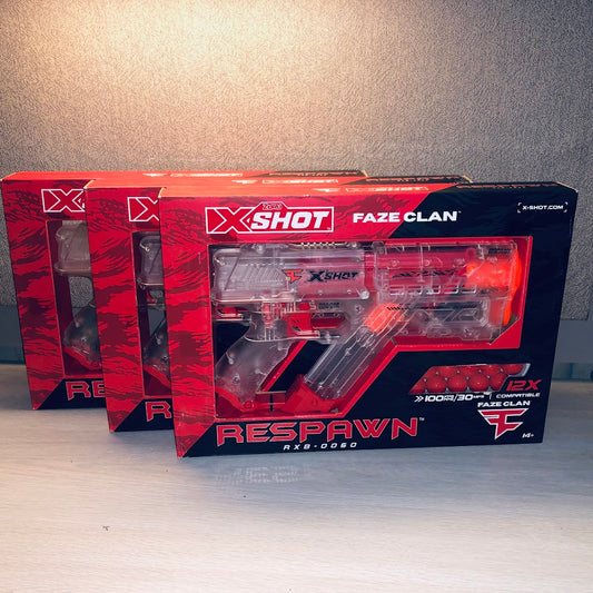 X-Shot Respawn toy gun in packaging with 'Faze Clan' branding on a gray background