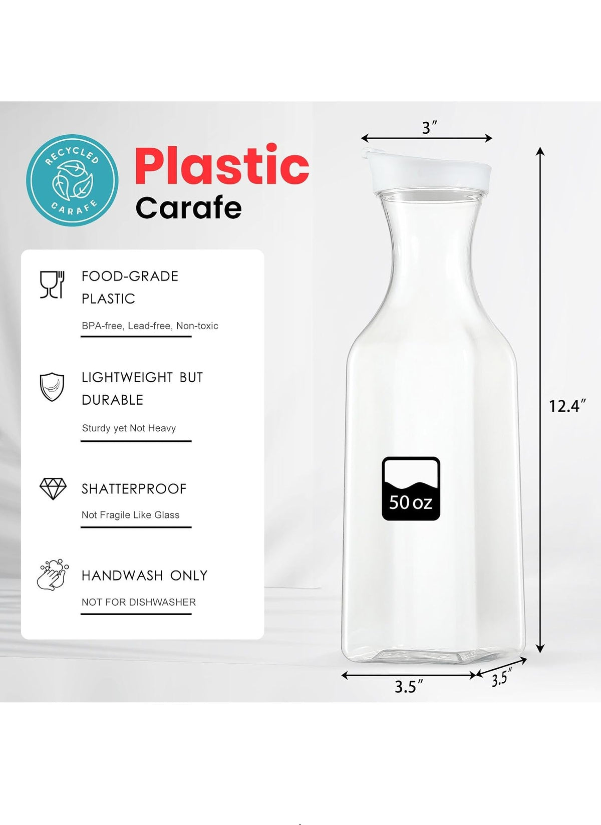 Plastic Water Carafes with Flip Top Lids, 50 oz, Set of 2