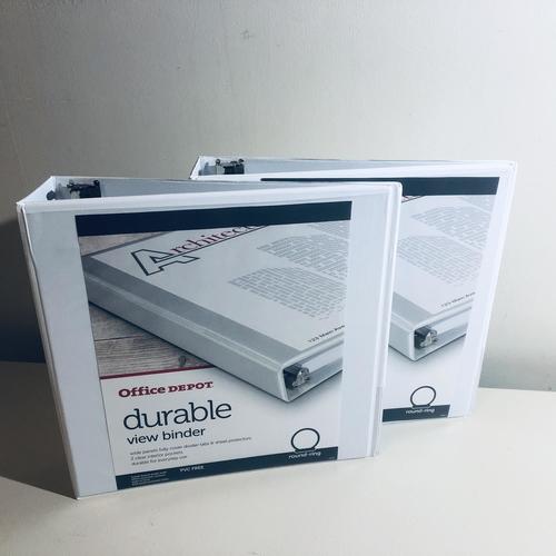 2 Office Depot Durable View 3-Ring Binders, 2" rings, pockets, 475 sheets each