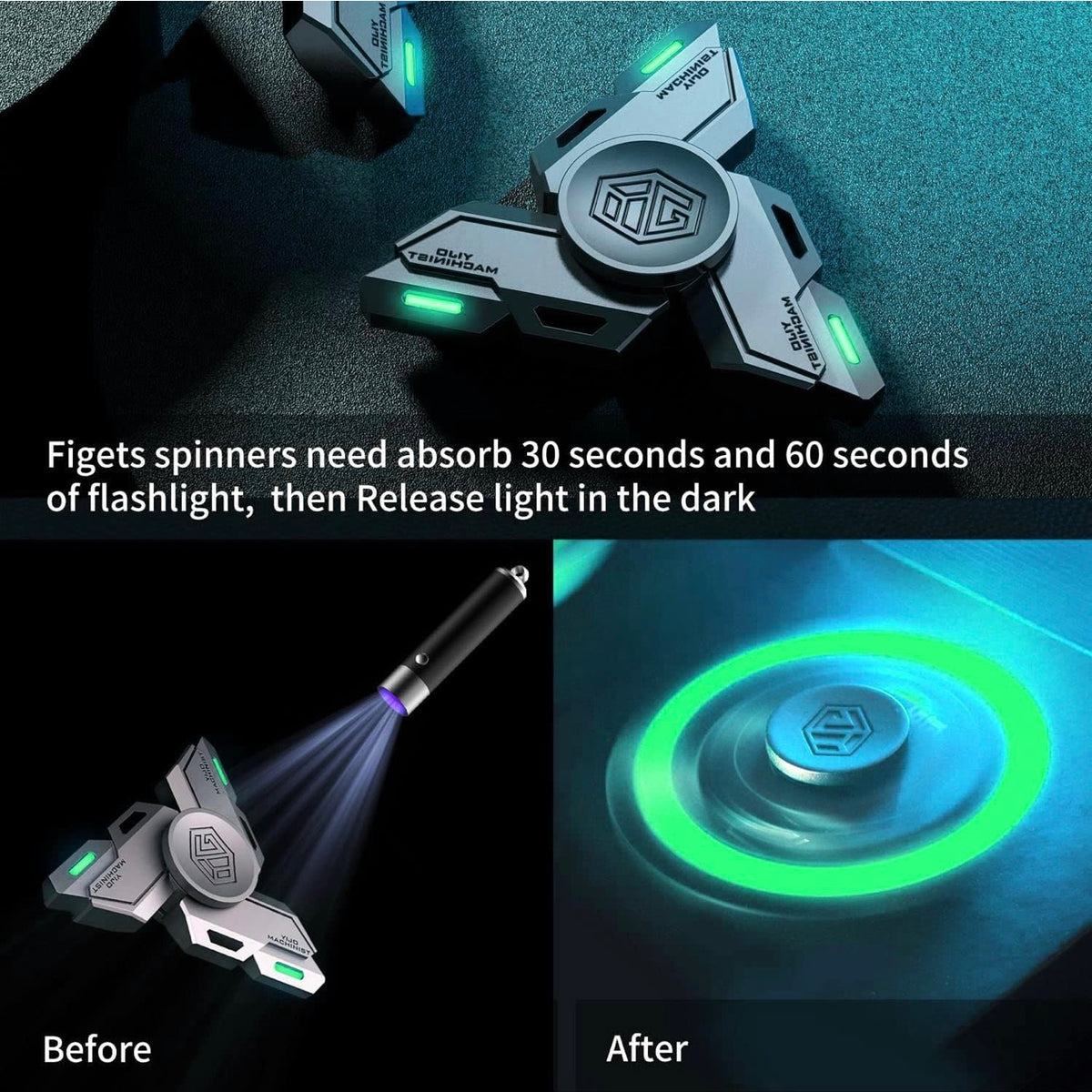 Glow in the Dark Metal Fidget Spinner Three Blade Hand Spinner, Black - view 2 of 7