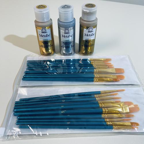 BUNDLE - 3 FolkArt Acrylic Metallic Gold & Silver Paint w/ 20 Bosobo Brushes