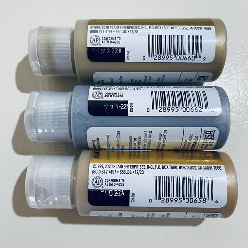 BUNDLE - 3 FolkArt Acrylic Metallic Gold & Silver Paint w/ 20 Bosobo Brushes