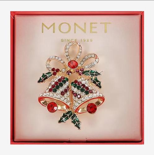 Monet Jewelry Multi Color Christmas Glass Bell Pin