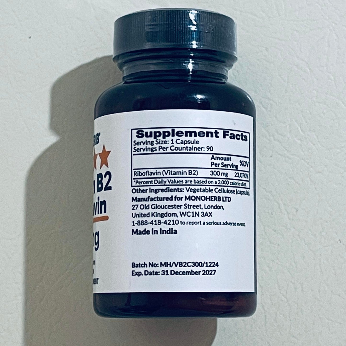 MonoHerb Vitamin B2 Riboflavin 300 mg, 90 Vegetarian Capsules EXP 12/2027