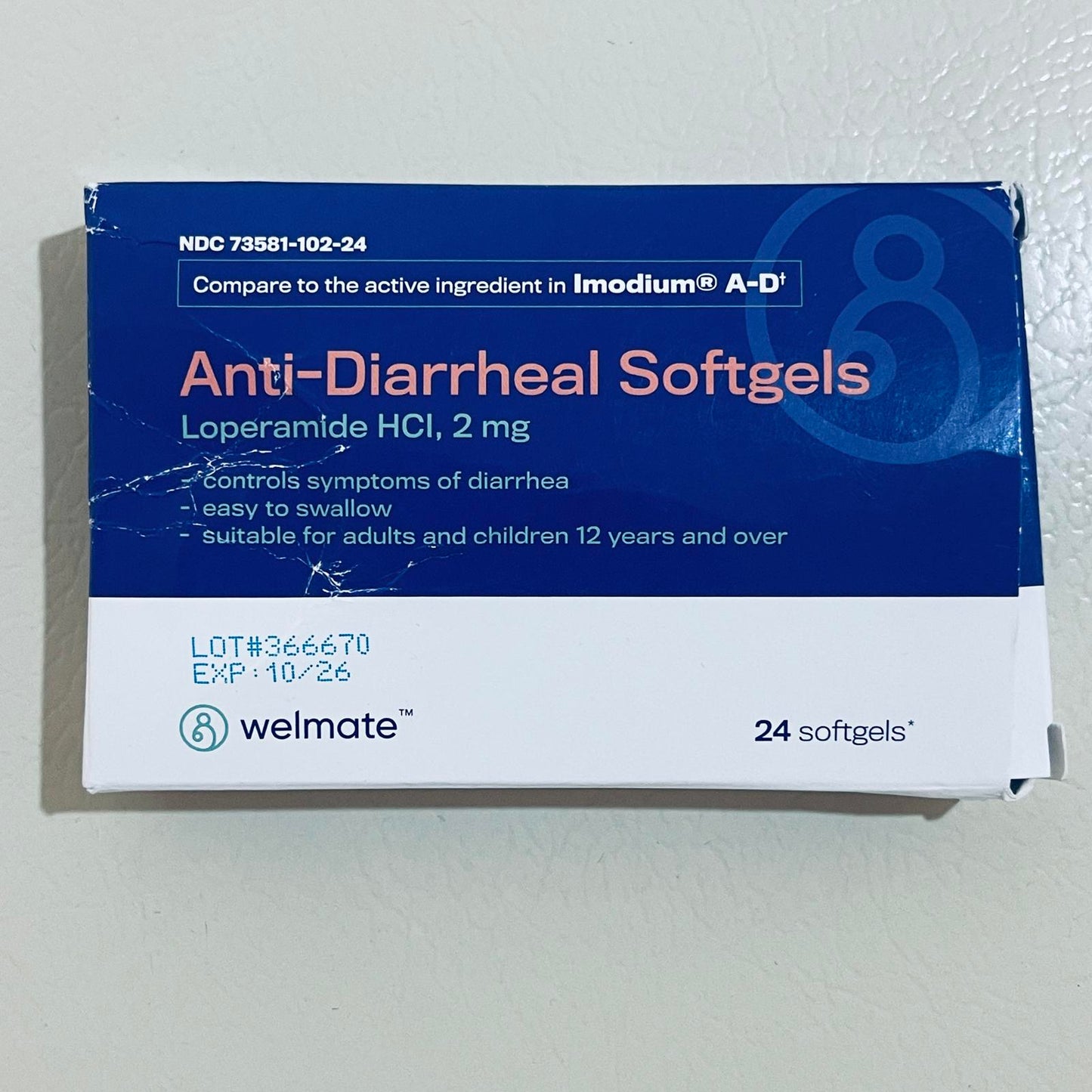welmate Anti-Diarrheal Softgels, Loperamide HCl 2 mg, 24 Softgels EXP 10/26