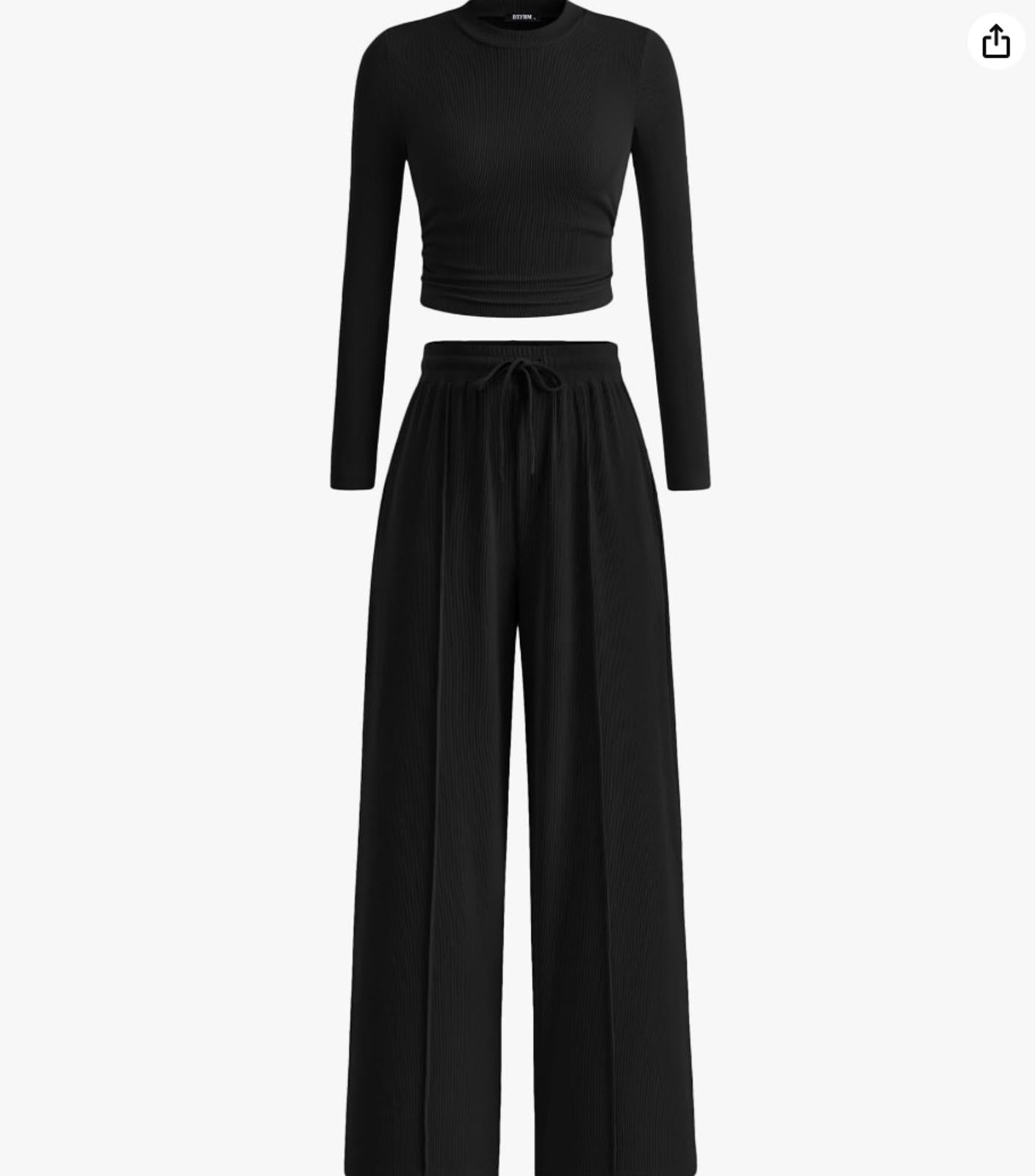 Ribbed Long Sleeve Crop Top & Wide Leg Pants Lounge Set