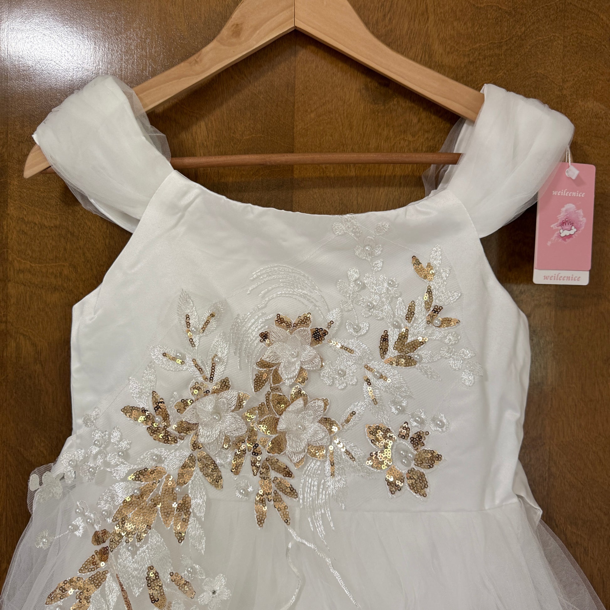 White Gold Sequin Flower Girl Party Gown Size 14