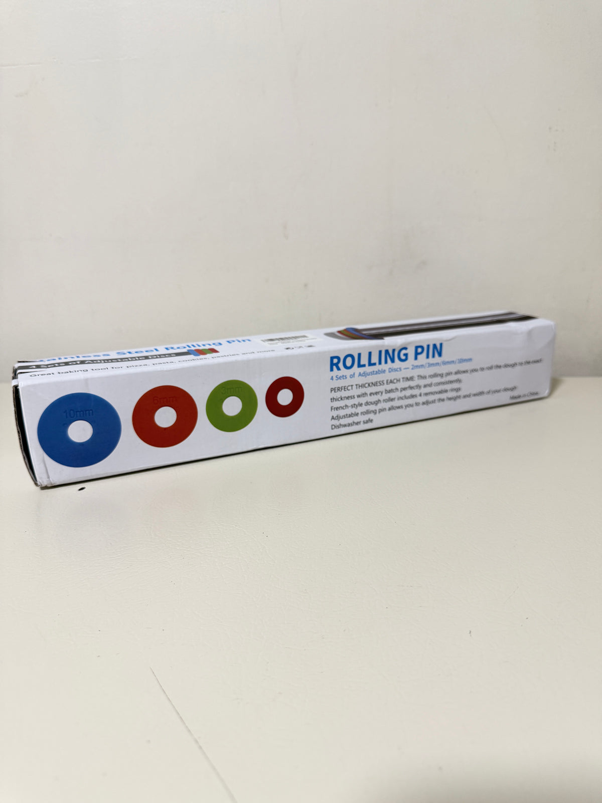 Adjustable Stainless Steel Rolling Pin 17 in with 4 Thickness Discs, Engraved Scale