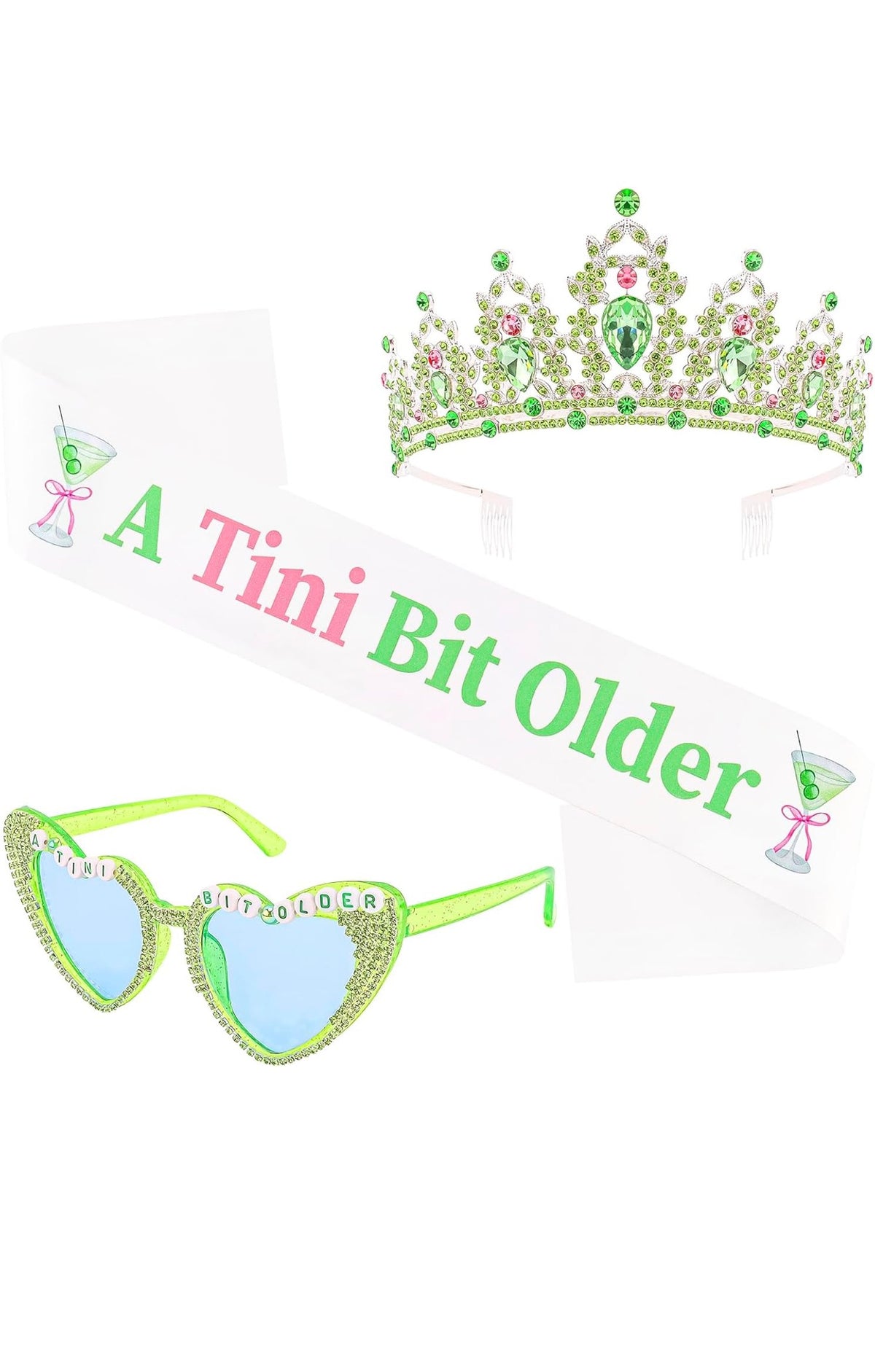 A Tini Bit Older Birthday Set, Sash, Rhinestone Tiara and Heart Sunglasses, Green