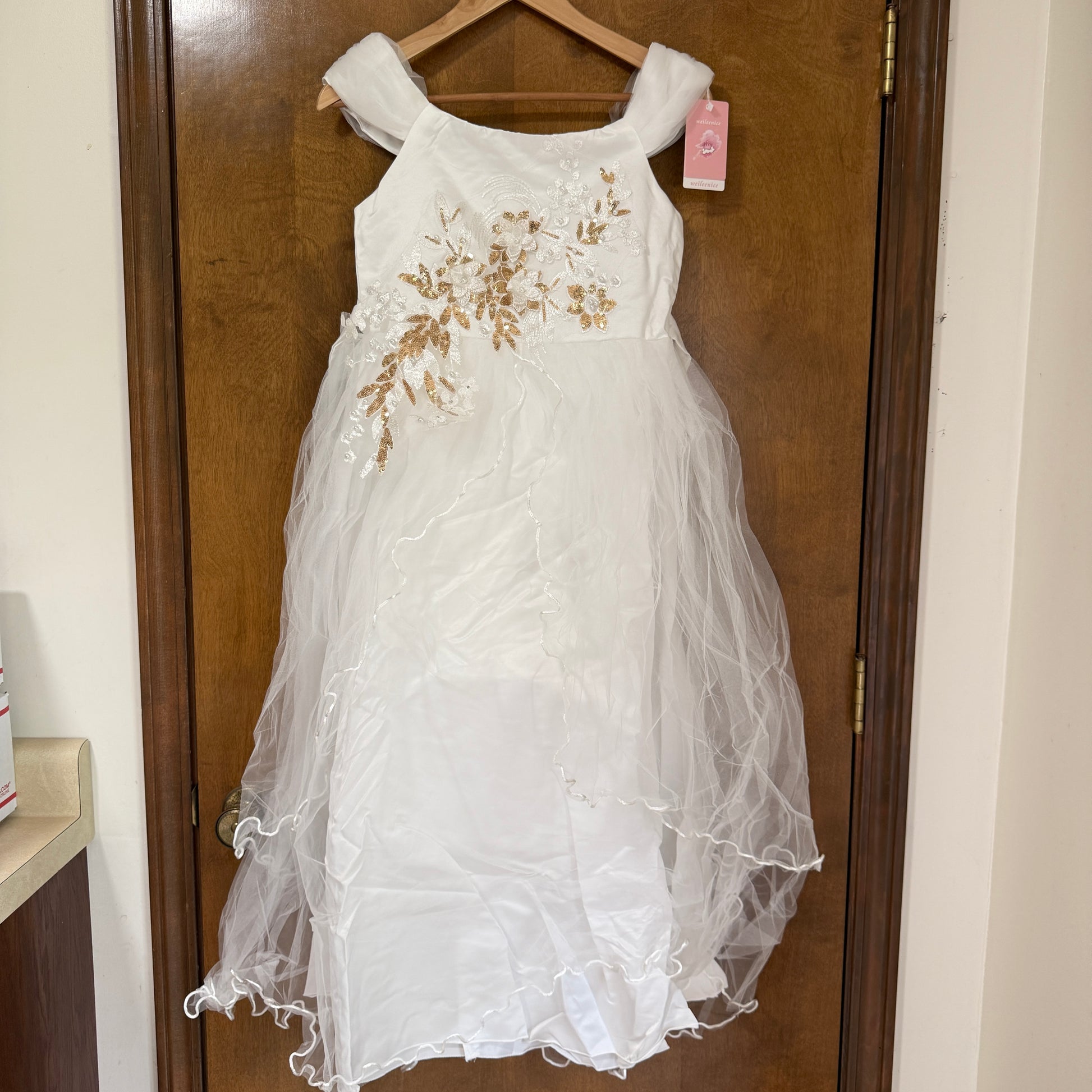 White Gold Sequin Flower Girl Party Gown Size 14