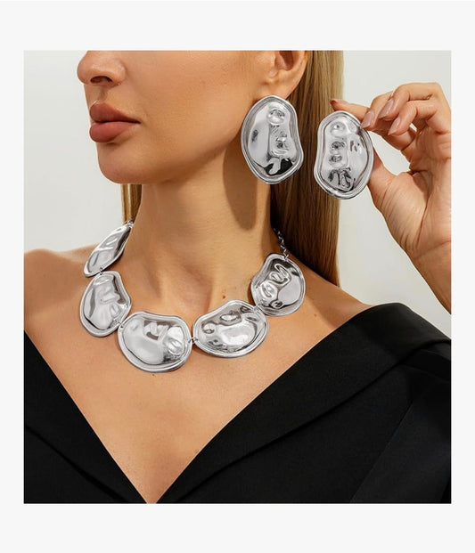 Silver Chunky Abstract Statement Necklace & Earrings Set - view 1 of 5