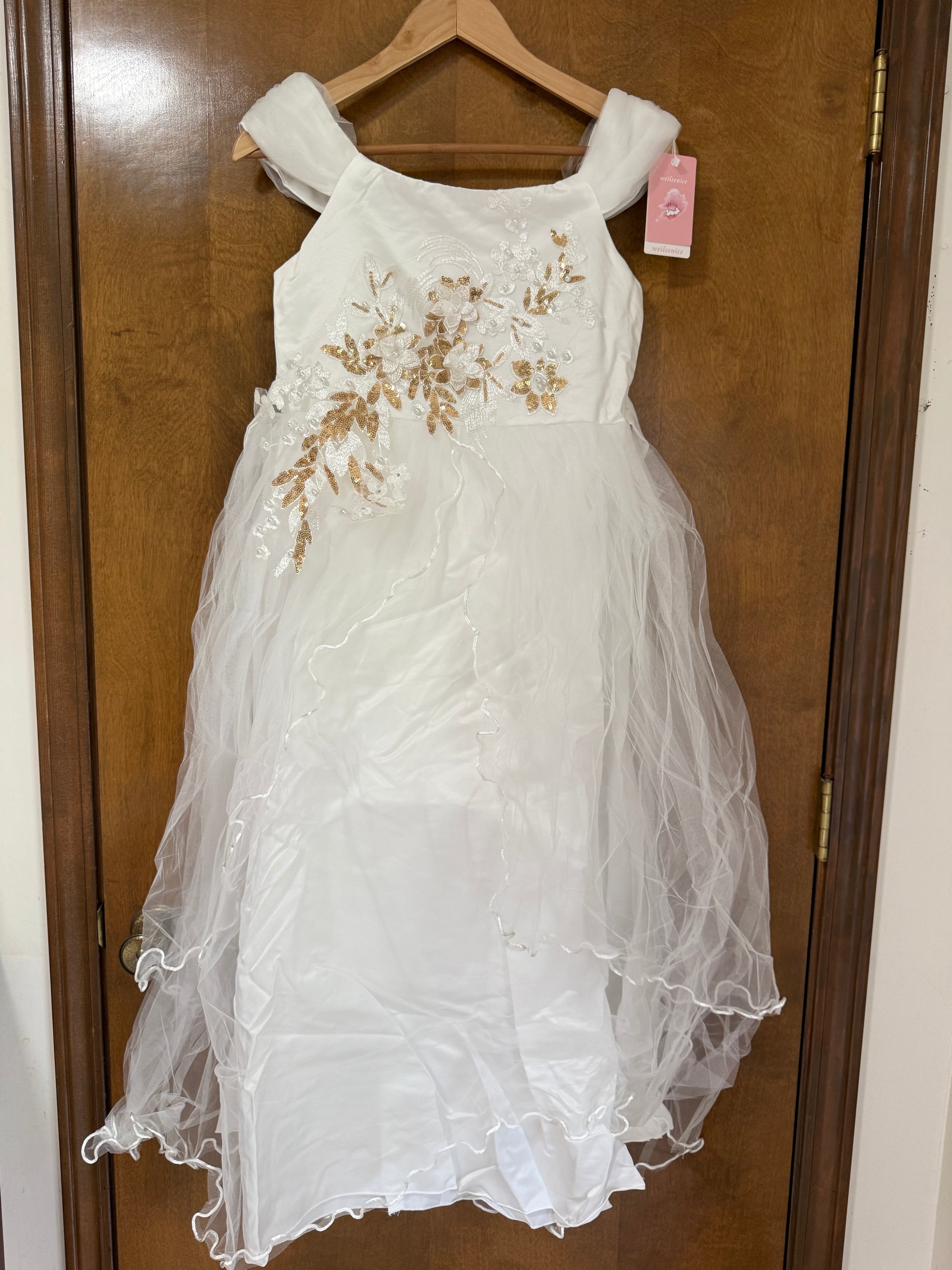 White Gold Sequin Flower Girl Party Gown Size 14