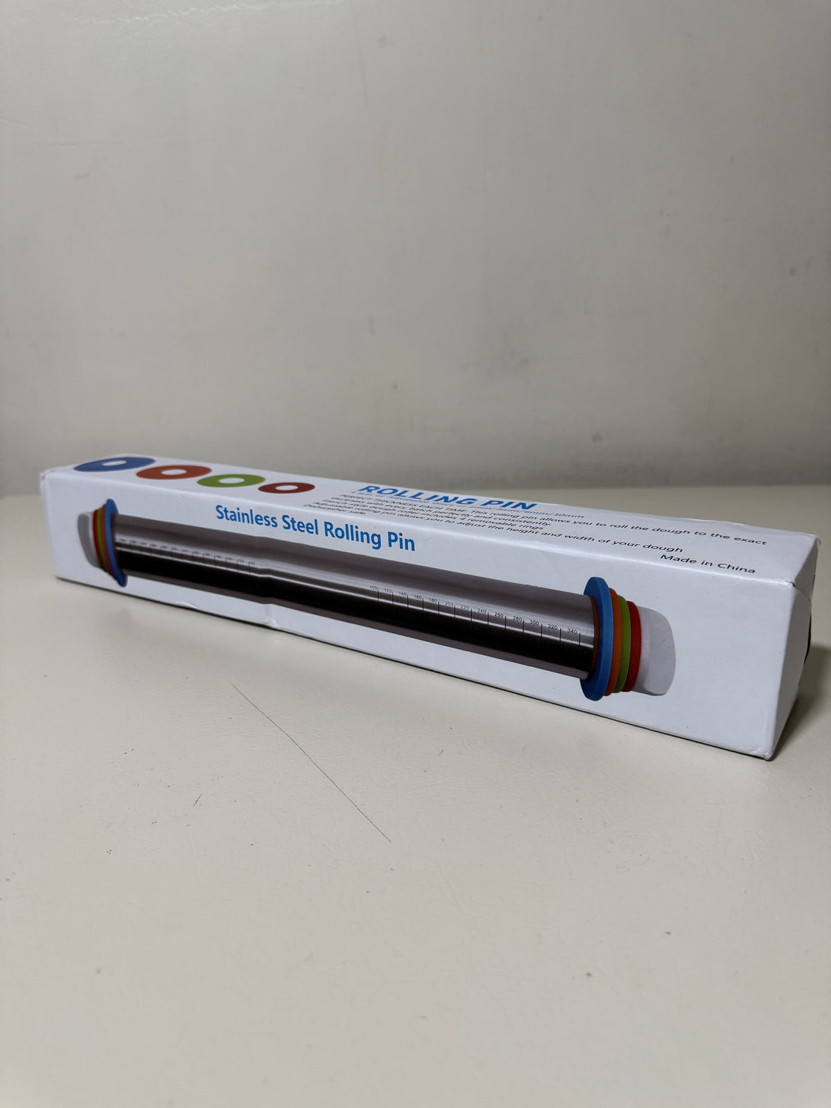 Adjustable Stainless Steel Rolling Pin 17 in with 4 Thickness Discs, Engraved Scale