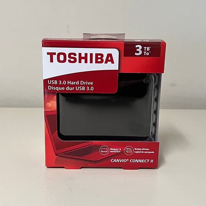 Toshiba Canvio Connect II 3TB portable hard drive in sealed retail box, front