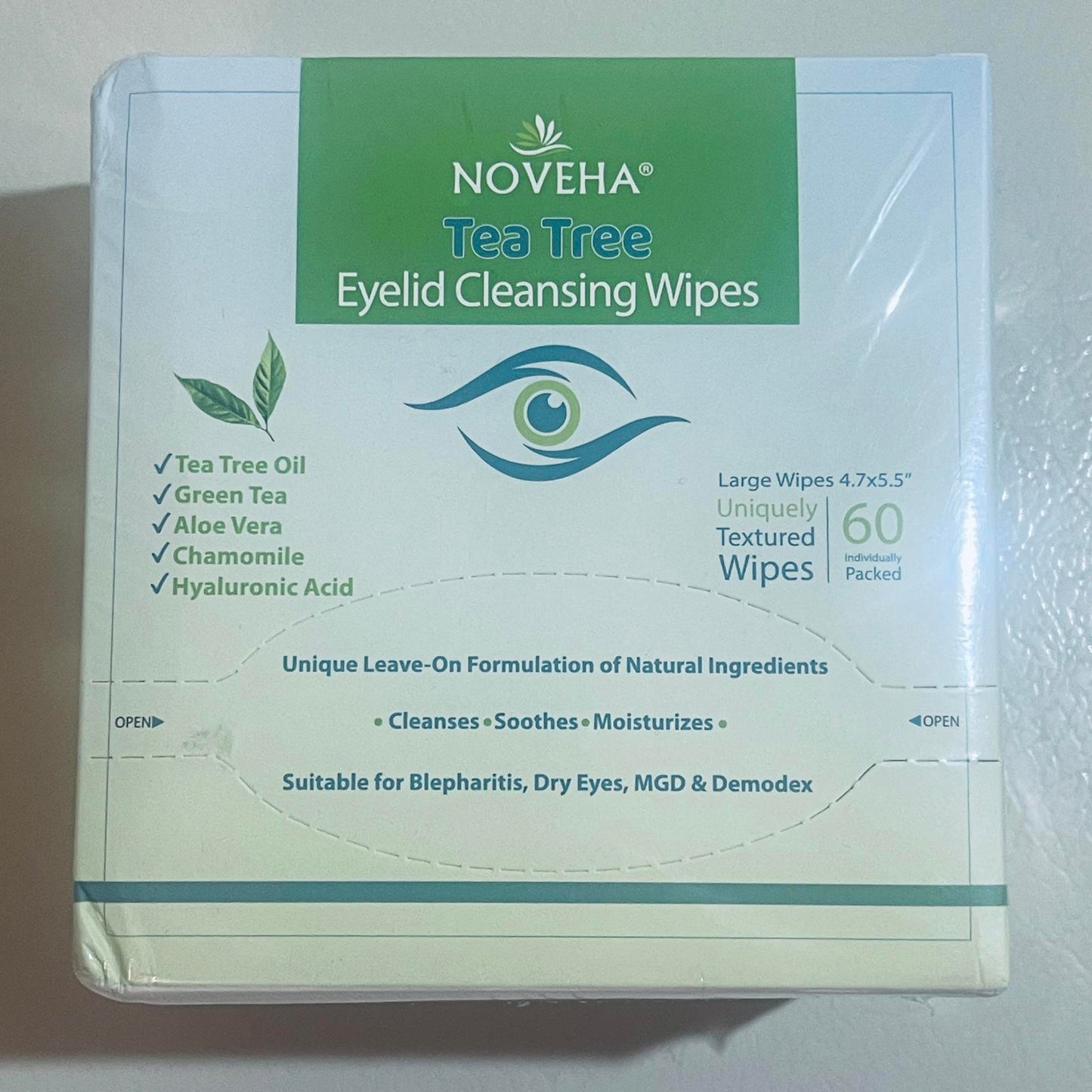 NOVEHA Tea Tree Eyelid Cleansing Wipes - 60 Count