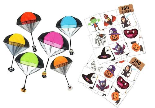 Bundle of 6 Pack Halloween Parachute Toys & 360 Halloween Temporary Tattoos