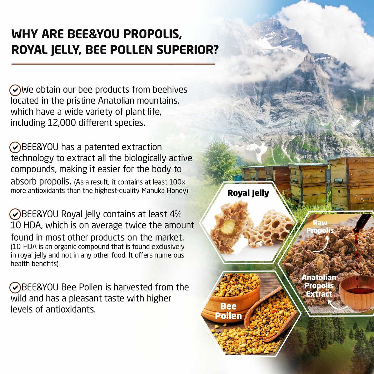 Bee and You Royal Jelly Tablet, Propolis Extract, Bee Pollen, 100% Natural  60ct EXP 12/2026