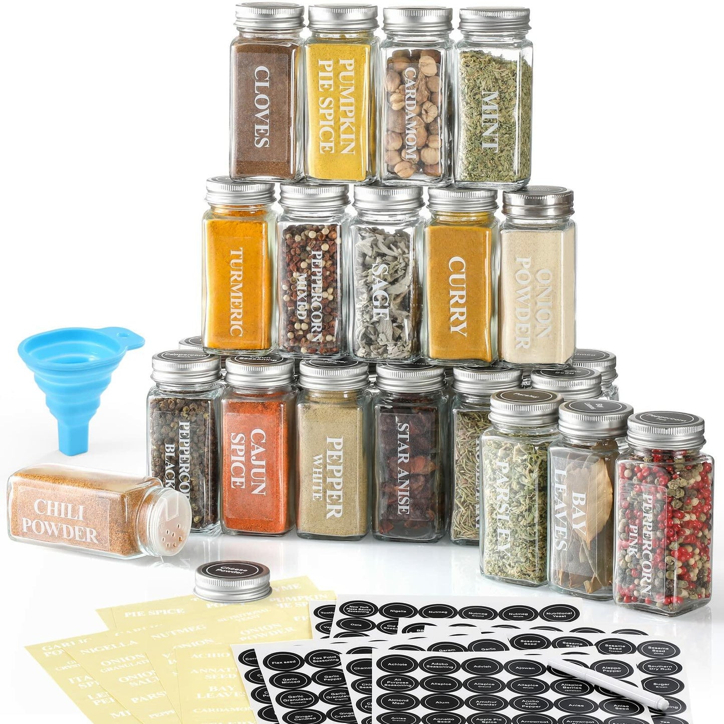 24 Pcs Glass Spice Jars with Labels - 4oz Empty Square, Airtight Metal Caps